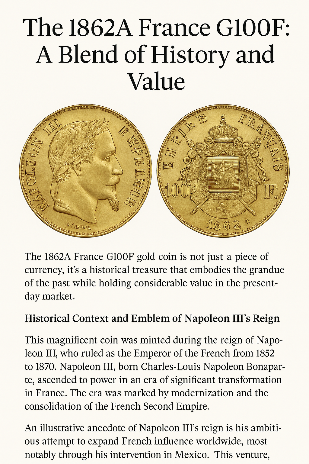 The Emperor’s Legacy in Gold: 1862 France 100 Franc Coin (Napoleon III)